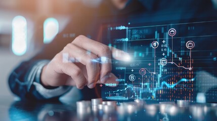 Fototapeta premium A person interacts with a digital screen displaying cryptocurrency market trends, charts, and data, highlighting investment and financial analysis..