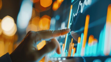 A hand interacting with an advanced financial data graph on a touchscreen, depicting rising stock market trends and analytics..