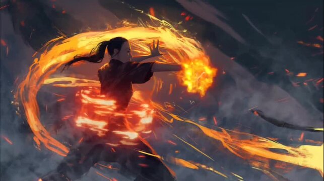 A warrior in a dark robe surrounded by swirling flames. Seamless looping time-lapse 4k video animation background