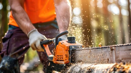 Close-up of a lumberjack using a chainsaw to cut through a tree trunk, with woodchips flying and sunlight filtering through the forest..