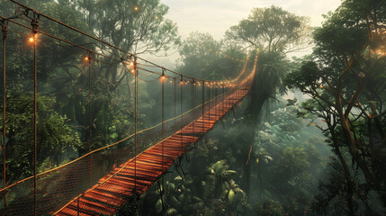 Fototapeta premium Suspended Footbridge Connecting Two Trees in Lush Tropical Jungle at Dawn