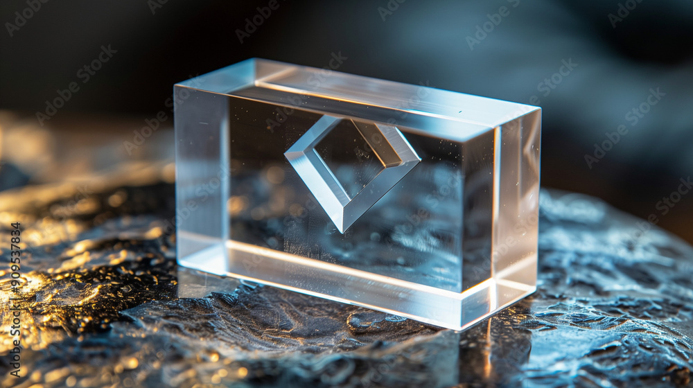 Aufkleber intricate clear crystal block with geometric design on textured rock surface
