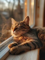 Relaxed cat stretching on a windowsill, warm sunlight, peaceful atmosphere