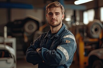 Obraz premium Portrait of handsome bearded mechanic in overalls standing in auto repair shop