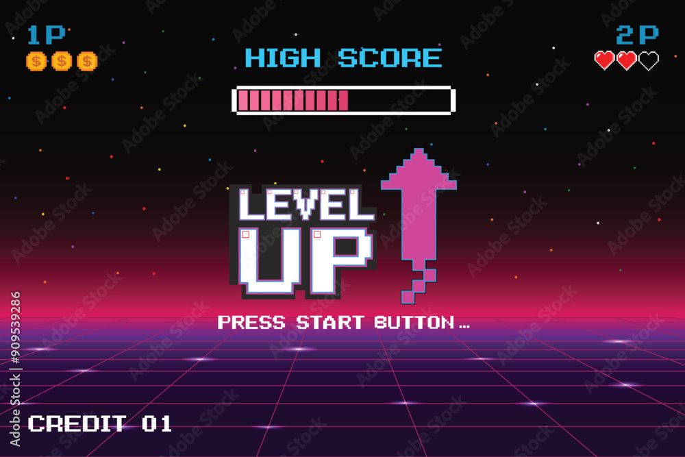 Aufkleber level up symbol. pixel art .8 bit game. retro game. for game assets in vector illustrations.
