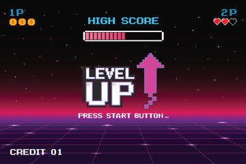 Obraz premium LEVEL UP symbol. pixel art .8 bit game. retro game. for game assets in vector illustrations.