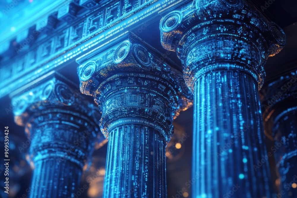 Poster digital blue hologram of ancient greek architecture, glowing with data and code particles, represent