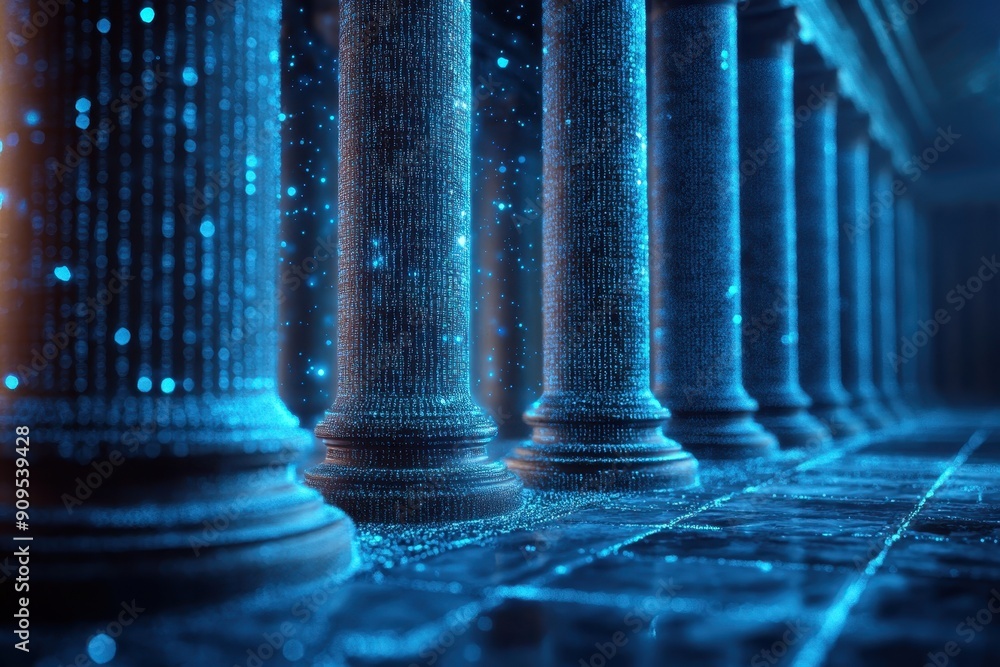 Poster digital blue hologram of ancient greek architecture, glowing with data and code particles, represent