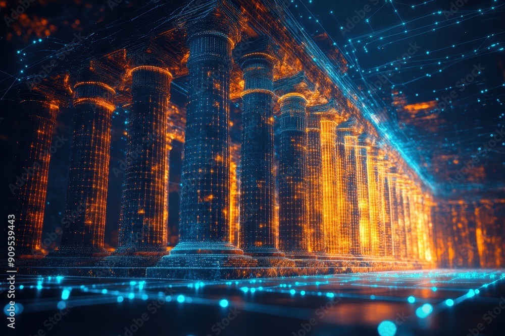 Poster digital blue hologram of roman architecture with columns, glowing digital lines and dots in the back