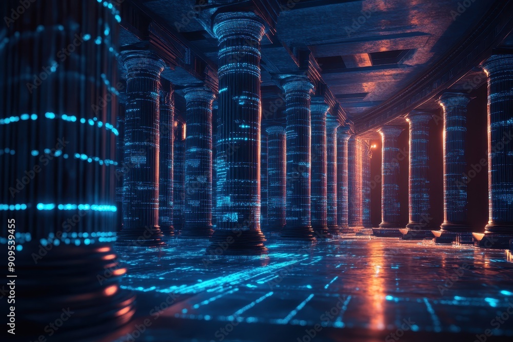 Poster digital technology illustration of greek architecture and columns with glowing blue lights, represen
