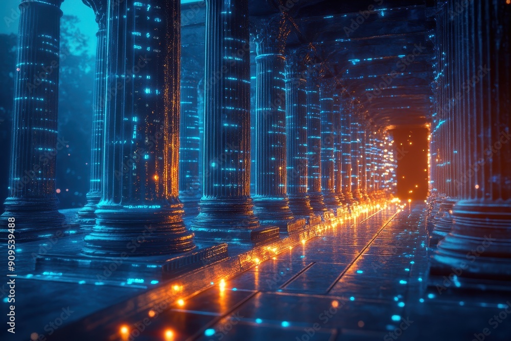 Poster digital technology illustration of greek architecture and columns with glowing blue lights, represen