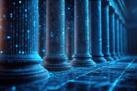 Digital blue hologram of ancient greek architecture, glowing with data and code particles, representing the futuristic world of blockchain technology.