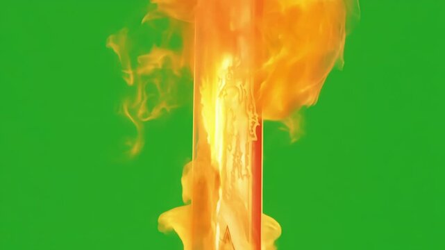 In a land of magic and enchantment a dragon breathes fire onto a sword igniting it with a powerful spell that imbues the weapon with unstoppable strength. Green screen chromakey