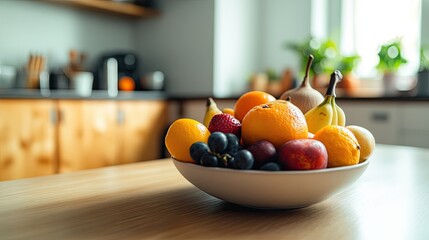 fruit in a bowl on the table with the kitchen in the background