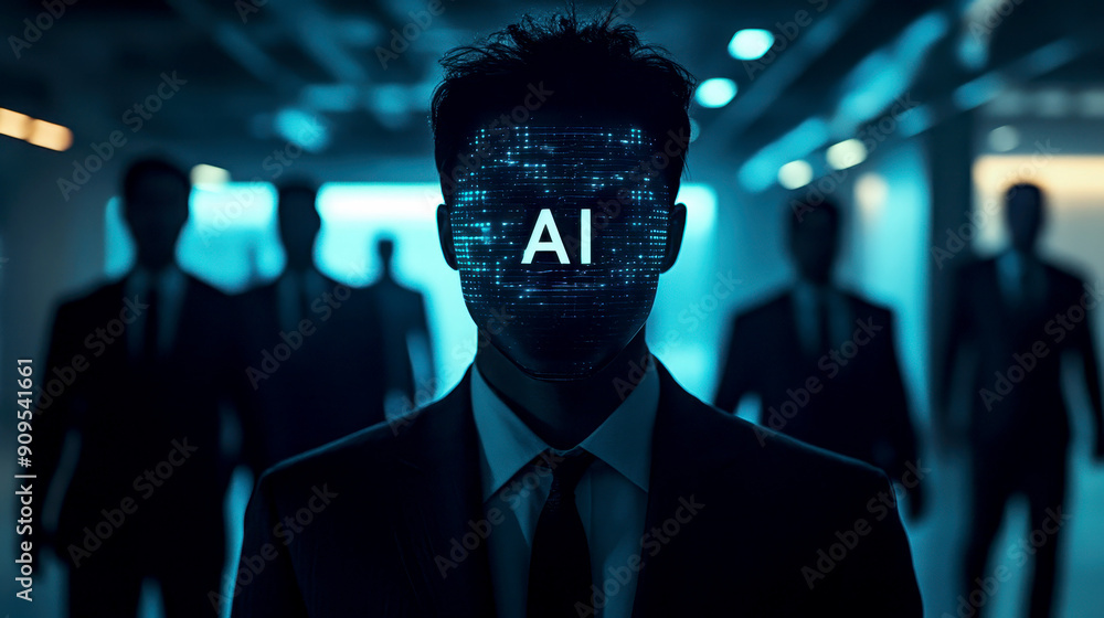 Poster a business man with ai head working alongside an artificial intelligence cyborg in an office setting