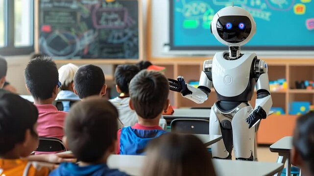 A robot is giving an interactive lesson to students seated at desks in a vibrant classroom environment