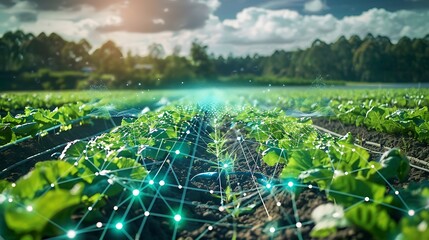 Smart farming technology with automated systems and data analytics for enhancing agriculture productivity and sustainability in future food production concept.