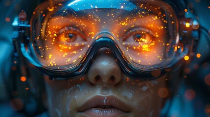 a person wearing goggles with orange lights


