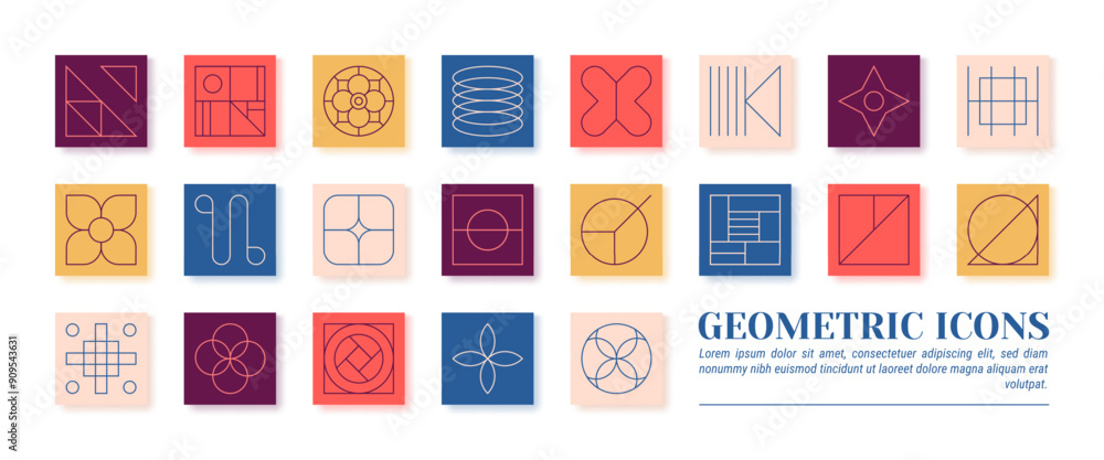 Poster Line shapes. Square brutalism icons for architecture buildings. Minimal geometry flat grid constructions for thin app design. Abstract simple flower. Vector geometric color symbols set