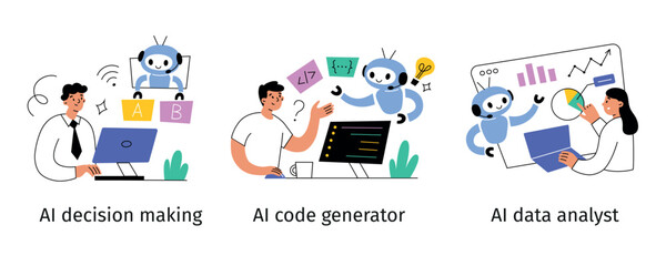 Set of vector illustrations with people using AI in business decision making, artificial intelligence code generator, data analyst tools. Flat cartoon human interaction with artificial intelligence