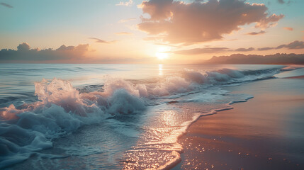 Fototapeta premium Sunset Over Tranquil Beach With Waves Gently Lapping At The Shoreline