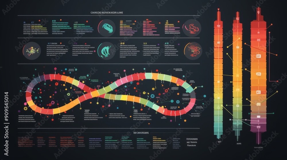 Poster dna test infographic: genome sequence map with chromosome architecture and genetic sequencing chart,