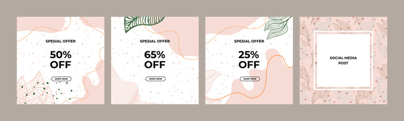 Dusty rose abstract square art templates with floral and geometric elements. Suitable for social media posts, mobile apps, banners design and web/internet ads. Vector fashion backgrounds.