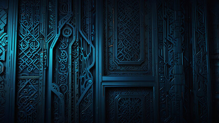 A Futuristic Illustration: Blue Background Metal Pattern with Intricate Interlocking Designs, Cool Color Temperature, and Soft Ambient Lighting. AI Generated