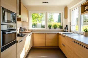 Fototapeta premium Bright and spacious modern kitchen featuring oak cabinetry, stainless steel appliances, a rubber floor, and a view of greenery through a garden window