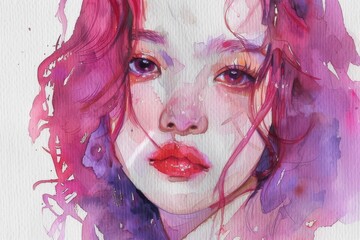 水彩画の真顔の日本人女性（真顔・シリアス・悲しみ・考える・たそがれ）
