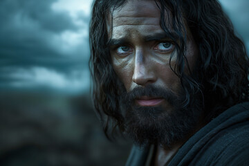 A close-up of Jesus with an intense and contemplative expression, set against an outdoor backdrop