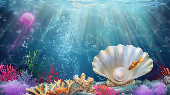 A pearl in a seashell with fish and jellyfish under blue water. Seamless looping time-lapse 4k video animation background