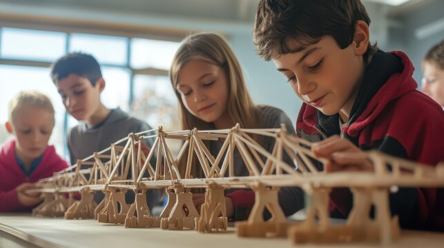 Students designing and building a model bridge in an engineering class, kids in school, STEM education in action