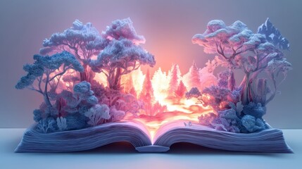 Fototapeta premium Enchanted Forest Emerging from an Open Book with Glowing Light and Mystical Trees in a Dreamlike Setting