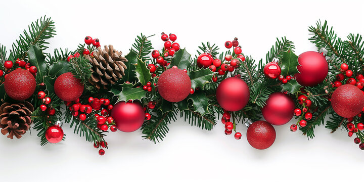 Weihnachtsgirlande auf weissen Hintergrund. Motiv f&uuml;r Webseitenbanner Weihnachtskarte Deko Weihnachtsgeschenke Feier Festlich