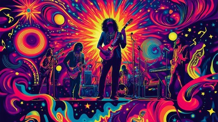 A vintage concert poster featuring a psychedelic rock band performing on stage