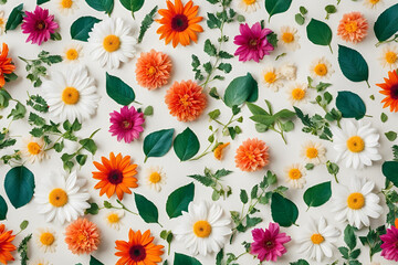 Pattern with colorful flowers and green leaves on white background. Full frame. View from above. Flat lay.