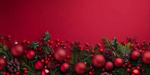 Weihnachtsgirlande auf roten Hintergrund. Motiv f&uuml;r Webseitenbanner Weihnachtskarte Deko Weihnachtsgeschenke Feiern Festlich