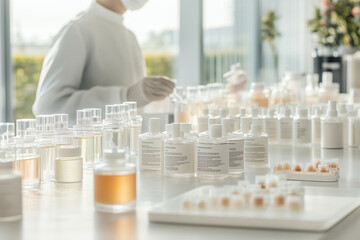 Technicians in white special clothes in a modern perfume laboratory carefully select the material for the future perfume. The development of perfumed oils in a professional laboratory. For banner desi