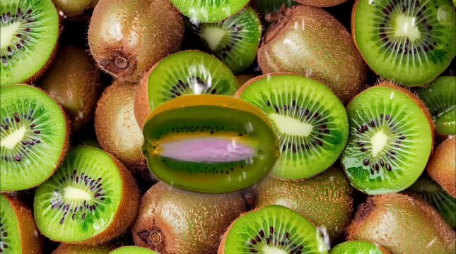 Close-up shot of fresh, juicy kiwi fruit slices. Seamless loop video background