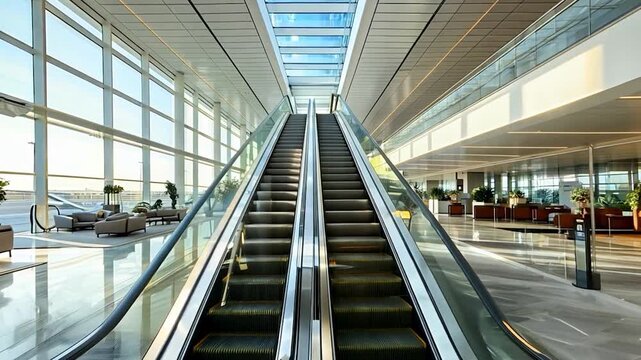 Two escalators transport travelers to the upper level of a bright, modern airport terminal filled with natural light