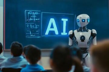 A robot teacher stands at the front, engaging with students in a classroom. The concept of the fusion of technology and education