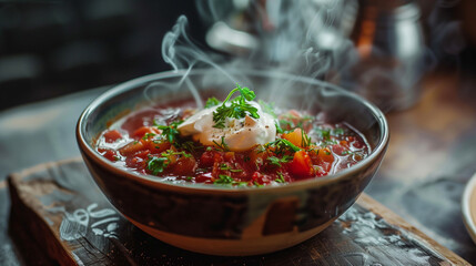 Warm and Hearty Vegetable Soup With Fresh Herbs and Creamy Topping in Cozy Restaurant Setting