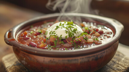 Deliciously Spicy Bean Stew Topped With Poached Egg and Fresh Herbs