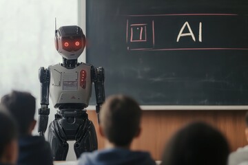 A robot teacher stands at the front, engaging with students in a classroom. The concept of the fusion of technology and education