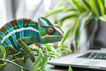 Chameleon adapting to an office environment, symbolizing adaptive leadership