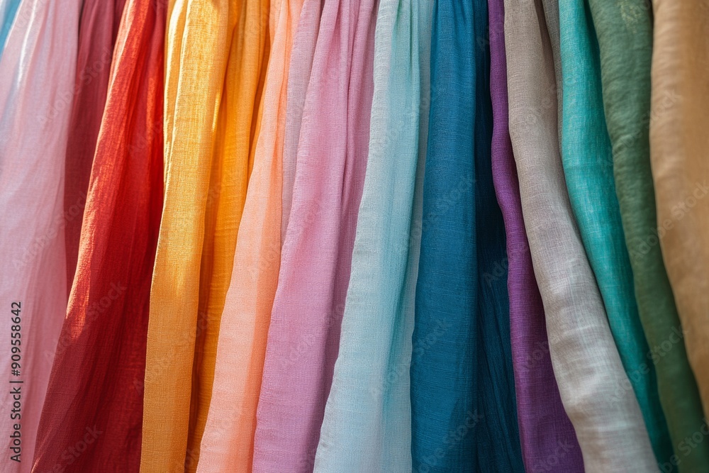 Poster aerial view of vibrant iridescent fabrics in symmetrical geometric pattern with soft natural lightin