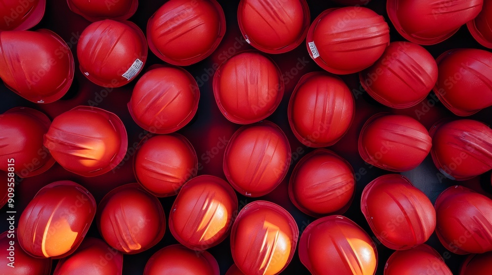Poster aerial view of multiple red firefighter helmets forming a symmetrical geometric pattern in bright, d