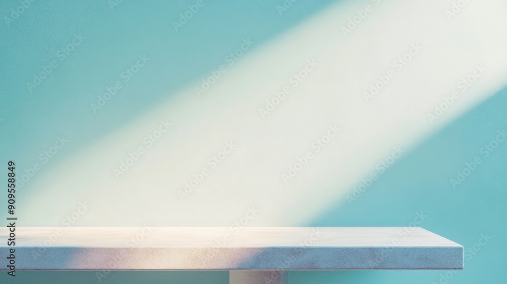Poster serene pastel blue stucco table for product display in tranquil field setting – natural soft lightin
