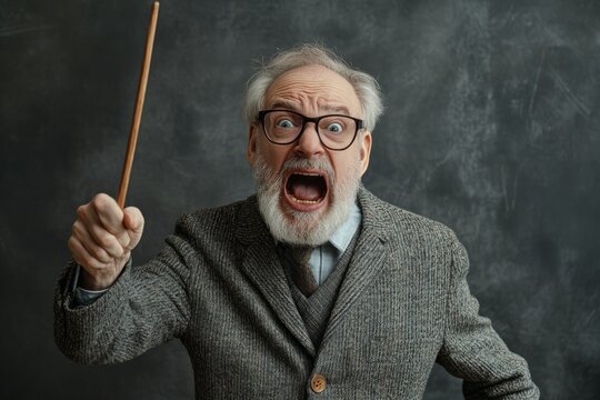 An angry professor yelling with a pointer in his hand. Grey background